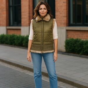 MONTANA CO EMBROIDERED FAUX FUR FULL ZIP PUFFER VEST